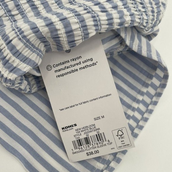 Smocked Flutter Short Sleeve Top Blue Striped Size M - Picture 7 of 7